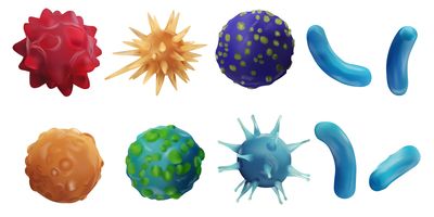 Illustration of different colored round virus particles against a white background