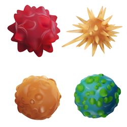 Illustration of different colored round virus particles against a white background