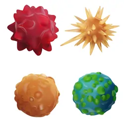Illustration of different colored round virus particles against a white background