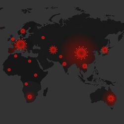 Illustration of a world map with bright red coronavirus illustrations distributed throughout