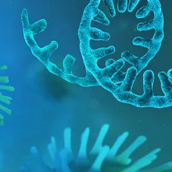 Computer image of RNA strand near viral particles