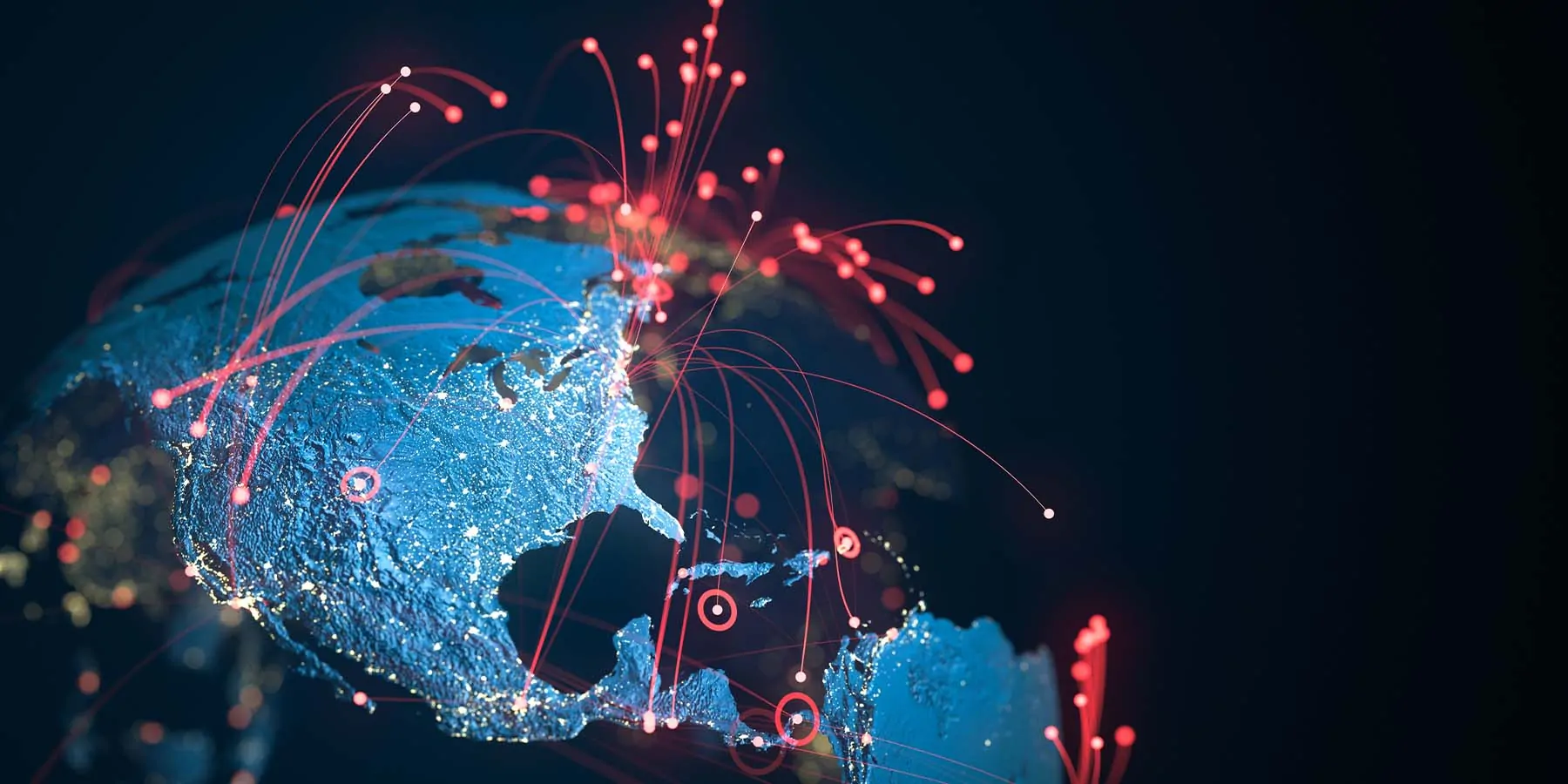Image of the globe with red lines indicating spread of infection spreading across it