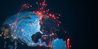 Image of the globe with red lines indicating spread of infection spreading across it