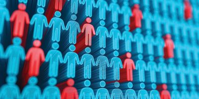 Illustration of a grid of drawn stick figures some of which are colored red while the rest are blue