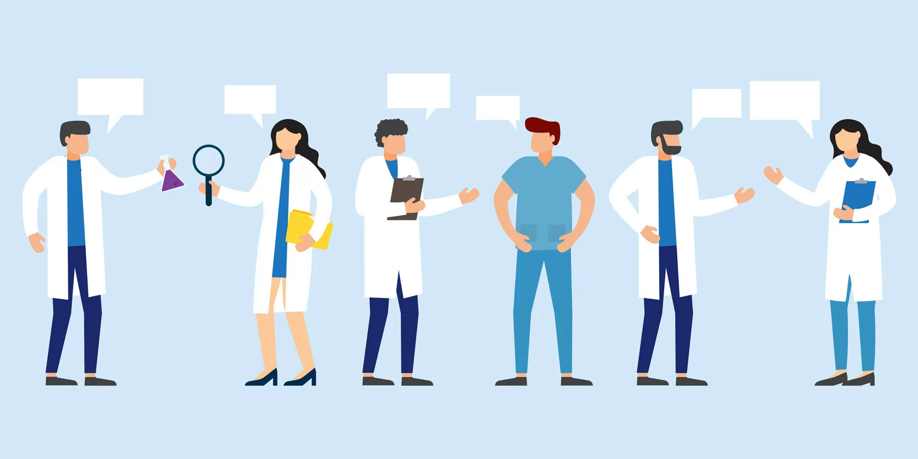 Illustration of clinical lab professionals wearing white lab coats against a light blue backdrop
