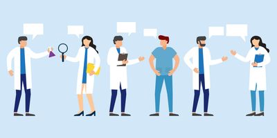 Illustration of clinical lab professionals wearing white lab coats against a light blue backdrop