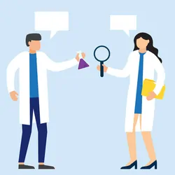 Illustration of clinical lab professionals wearing white lab coats against a light blue backdrop