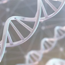 Illustration of a white DNA double helix against a grey background