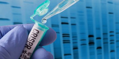 Researcher piptetting into a centrifuge tube that says CRISPR on it on a background featuring a gel