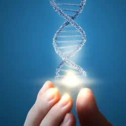 Hand holding a DNA strand