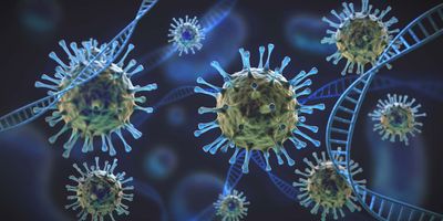 COVID viirus floating with DNA strands on a blue background