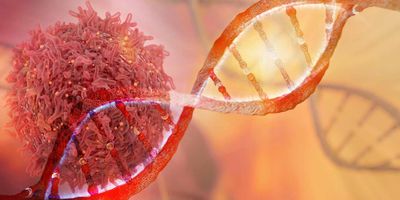 A cancer cell next to a strand of DNA