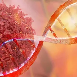 A cancer cell next to a strand of DNA