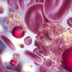 Computer image of cancer and blood cells in the body