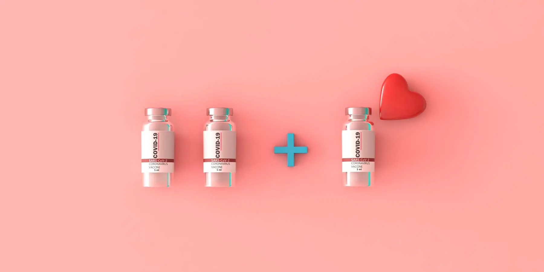 Image of two COVID-19 vaccine vials having a third added, on a pink backdrop