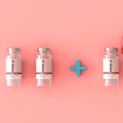 Image of two COVID-19 vaccine vials having a third added, on a pink backdrop