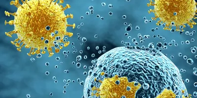 Computer image of a virus infecting a healthy cell