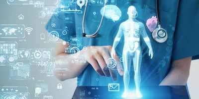 Health care professional using new technology with holographic interface