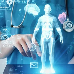 Health care professional using new technology with holographic interface