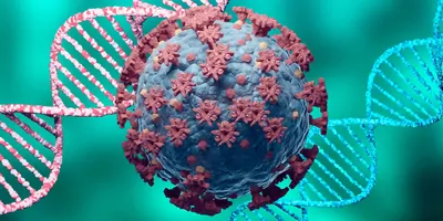 Computer image of a COVID-19 variant in front of strands of DNA