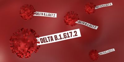 Computer image of the COVID-19 Delta variant virus with ID tags on red background