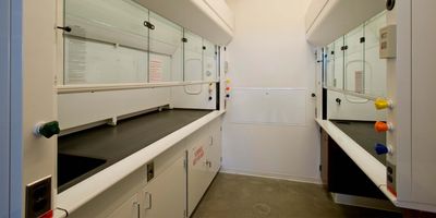 Empty fume hoods in a lab