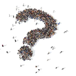 People grouping together to form a question mark