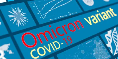 Screen with the words Omicron variant written on it