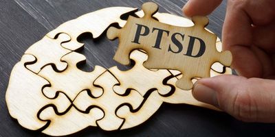 A jigsaw puzzle of a human brain with a missing piece labled PTSD