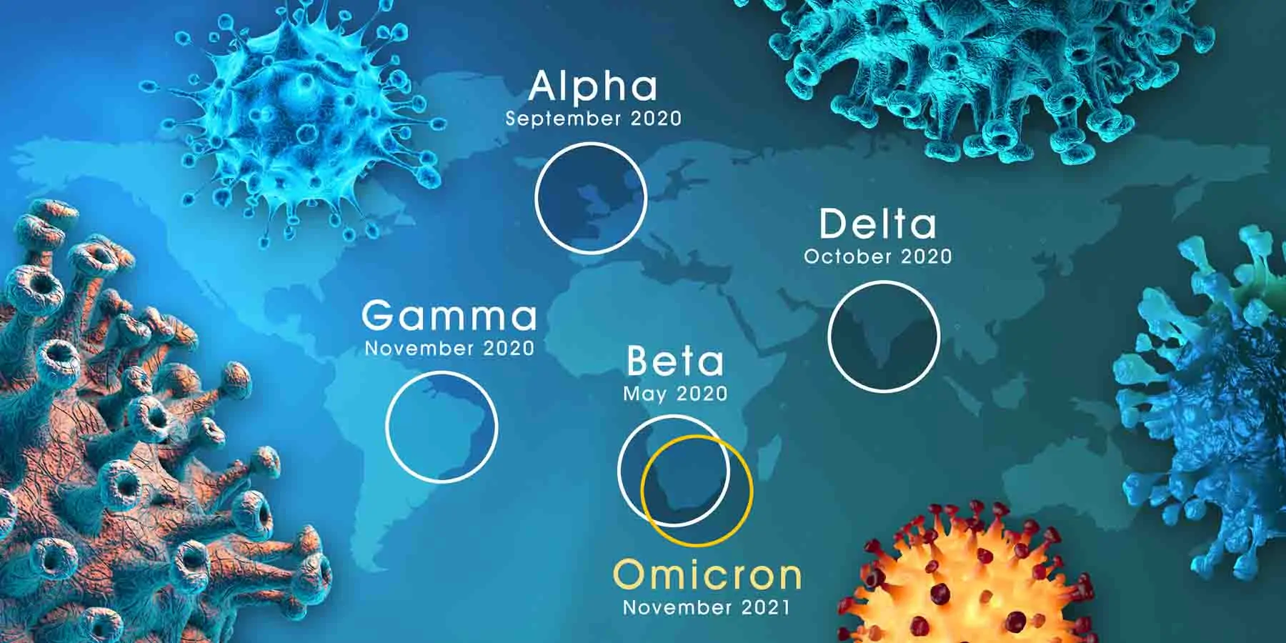 A world map shwoing what region each COVId-19 variant was first identified in