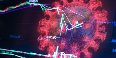 A computer image of the COVID-19 virus overlaid with trend graphs