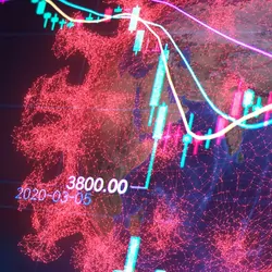 A computer image of the COVID-19 virus overlaid with trend graphs