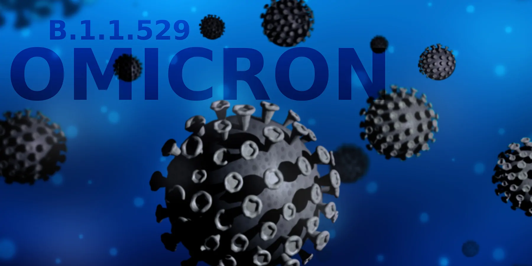 A computer image of the Omicron variant on a blue background with the words Omicron written behind it