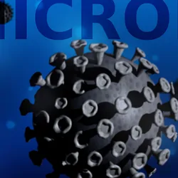 A computer image of the Omicron variant on a blue background with the words Omicron written behind it