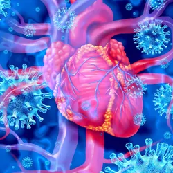 Illustration of a human anatomical heart surrounded by coronavirus particles.