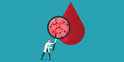 Illustration of a clinical lab professional holding a magnifying glass up to a giant drop of blood,