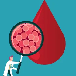 Illustration of a clinical lab professional holding a magnifying glass up to a giant drop of blood,