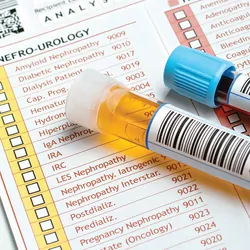 Photo of a patient's urine sample and blood sample on top of a flex panel test checklist