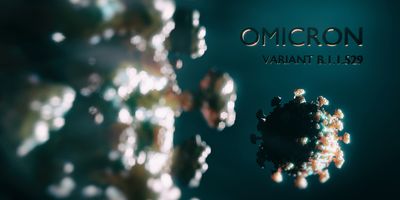 Omicron variant written on a green background next to a computer image of the virus