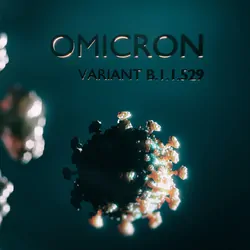 Omicron variant written on a green background next to a computer image of the virus