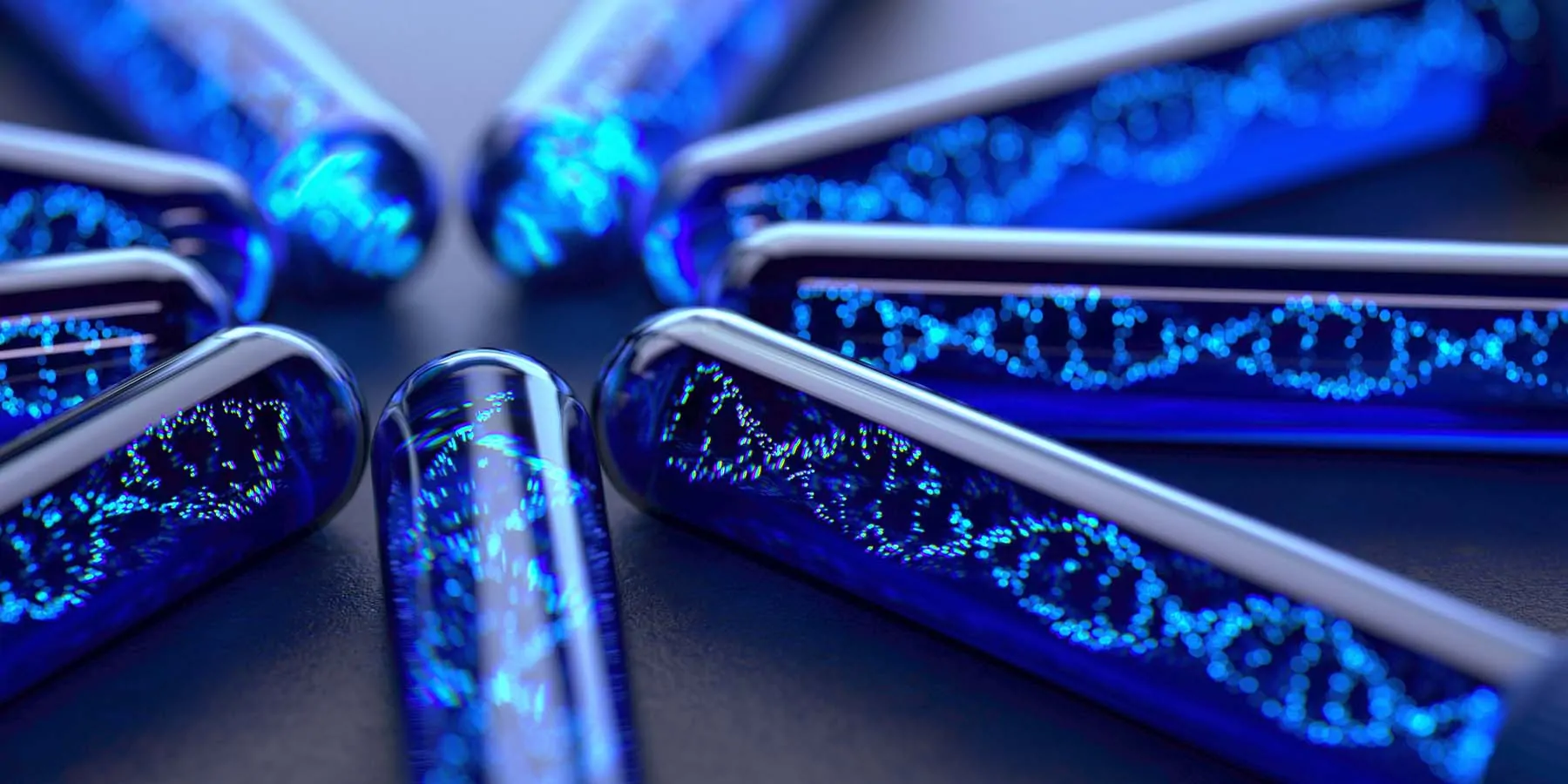 Testubes holding blue liquid with CGI DNA helixs floating in it