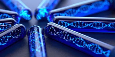 Testubes holding blue liquid with CGI DNA helixs floating in it