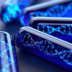 Testubes holding blue liquid with CGI DNA helixs floating in it