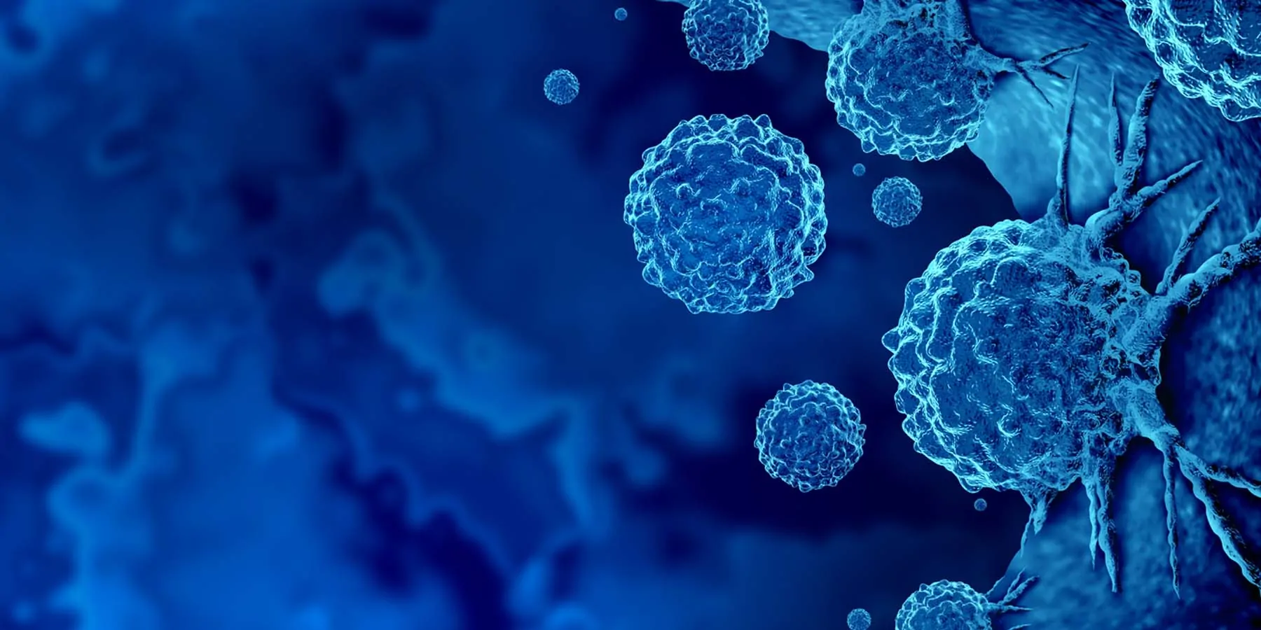 Computer image of cancer cells colored blue on a blue background