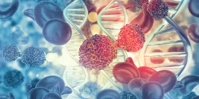 Compter image of DNA floating next to blood cells and virus cells
