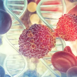 Compter image of DNA floating next to blood cells and virus cells