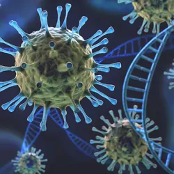 Covid-19 particles next to strands of DNA on a blue background