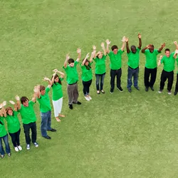 Photo of people wearing green shirts lined up outside standing on a green lawn.