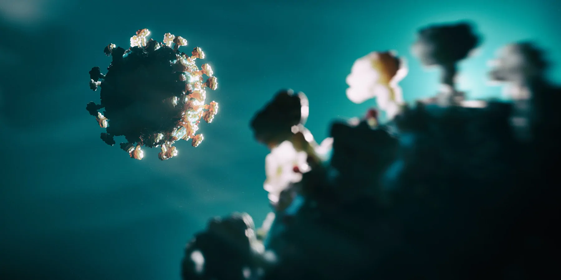 Two COVID-19 particles, backlit, on a light blue background