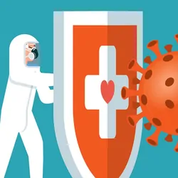 Illustration of a cancer health care provider pushing against a shield against COVID-19.
